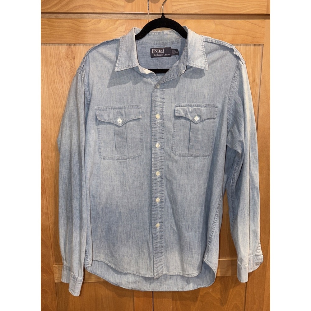 Polo Ralph Lauren Shirt Mens L Vintage 90s Military Chambray 109th Div Stencil - Picture 15 of 16